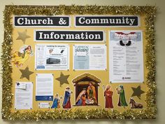 a bulletin board with pictures and information about church and community information on the front wall