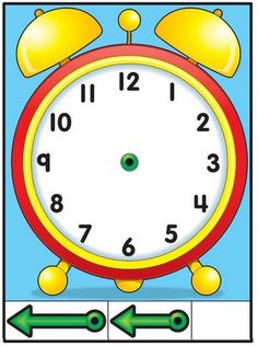 a red and yellow alarm clock with two green arrows pointing to the same time on it