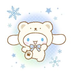 a white teddy bear with a blue bow on it's chest and snowflakes in the background