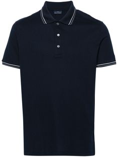 navy blue cotton contrasting trim polo collar short sleeves logo patch at the sleeve front button placket short side slits Blue Polo T-shirt With Striped Collar, Workwear Polo Shirt With Contrast Collar And Short Sleeves, Workwear Polo Shirt With Contrast Collar, Navy Short Sleeve Polo Shirt With Ribbed Collar, Navy Polo Shirt With Button Closure For Work, Blue Polo Shirt With Striped Collar, Classic Navy Polo Shirt With Placket, Classic Navy Polo Shirt With Placket Detail, Classic Navy Polo Shirt