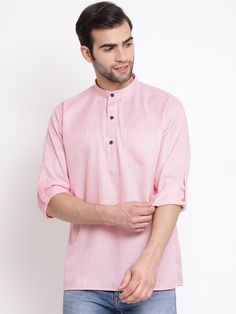 Vastramay Men's Pink Cotton Blend Short Kurta Pink Long Sleeve Tops For Eid, Long Sleeve Pink Top For Eid, Traditional Pink Cotton Kurta, Pink Straight Kurta For Summer, Cotton Casual Kurta For Eid, Casual Cotton Kurta For Eid, Pink Cotton Long Sleeve Kurta, Casual Pink Kurta For Festive Season, Pink Long Sleeve Cotton Kurta