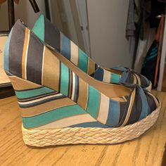 Multi Color Blue Peep Toe Wedges Brand New . Never Worn Blue Fabric Casual Heels, Casual Blue Closed Toe Heels, Casual Blue Fabric Heels, Casual Blue Slip-on Heels, Brown Wedge Heels, Orange Sandals, Black Wedge Shoes, Dressy Shoes, White Wedges