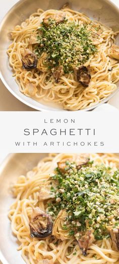 two plates of spaghetti with mushrooms and parsley