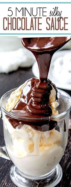 chocolate sauce being drizzled on top of ice cream in a glass bowl