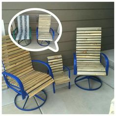 two chairs and a chair made out of wooden slats with a speech bubble above them