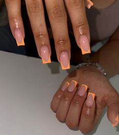 French Tip And Solid Nails, Tapered Square Nails Summer, French Tip Colors, French Orange, Henna Nails, Orange Nail, Shape Nails