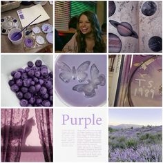 a collage of purple images with lavenders and other things in the background that include butterflies