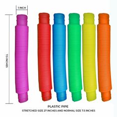 six different colors of plastic pipe sizes are shown in this image, and the size is 1 / 2 inches tall