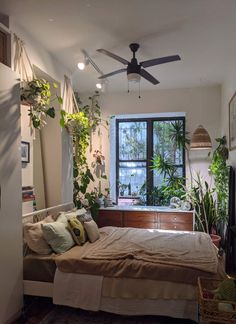 a bedroom with a bed, ceiling fan and plants in the window sill next to it