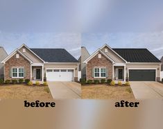 before and after shots of a house with garage doors