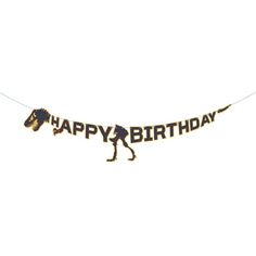 a happy birthday banner with a horse on the front and bottom, hanging from a string