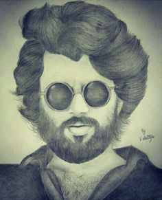 a pencil drawing of a man with sunglasses on his face and hair in the middle