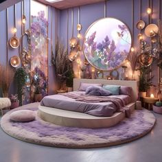 a bed room with a large circular bed surrounded by plants