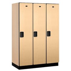 three door locker with black handles on the front and bottom doors, in light wood