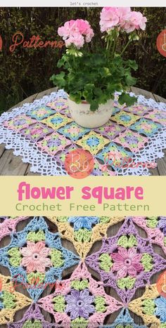 flower square crochet free pattern with potted plant and flowers in the background