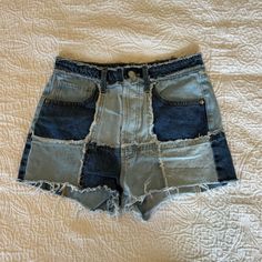 Jean Shorts Size 2 Patch Work Never Worn!! High Rise Patchwork Bottoms For Summer, Short Spring Bottoms With Patchwork, High Waist Patchwork Shorts For Summer, Summer High Waist Patchwork Shorts, Patchwork Cutoff Bottoms For Summer, Short Denim Blue Patchwork Bottoms, Denim Blue Patchwork Shorts, Summer Patchwork Cutoff Bottoms, Trendy Patchwork Cutoff Bottoms