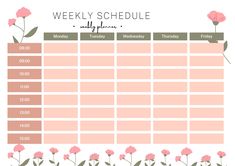 a weekly schedule with pink flowers on it