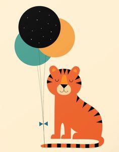 an orange tiger sitting on the ground with two balloons attached to it's back