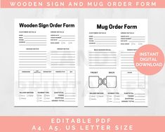 the wooden sign and mug order form is shown on a white background with pink text