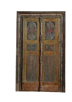 Antique Indian Door Chakra Carved Ochre Patina Exterior Teak Double Doors Yoga Altar, Double Doors Exterior, Textile Tapestry, Indian Doors, Aged Wood, Hindu Statues, Carved Doors, Antique Doors, Aging Wood