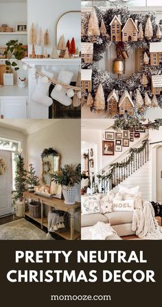 neutral Christmas decor Neutral Christmas Decorating Ideas, Neutral Christmas Mantle Decor Ideas, Cream And White Christmas Decor, Neutral Christmas Living Room, Christmas Decor Ideas Neutral, Neutral Christmas Mantle, Christmas Mantel Garland, Christmas Banister