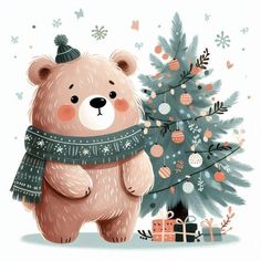 Christmas Tree Boho, Minimalistic Boho, Xmas Theme, Christmas Backgrounds, Christmas Teddy Bear, Animal Doodles, Children's Illustration, With Christmas Tree, Greeting Card Illustration