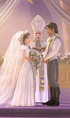 an animated image of a bride and groom standing in front of a alter with flowers