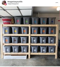 the shelves are filled with plastic buckets