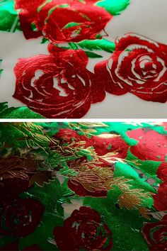 red and green flowers are being made on the tablecloths with metallic foiling