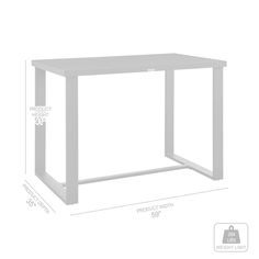 a white table with measurements for the top and bottom section, including an open shelf