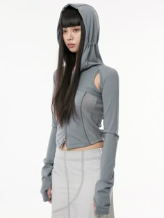 Editor's NotesThis unique zip-up hoodie features 19 panel incision, cut-out and thumbhole detail. It's cut from stretch fabric in three different texture - solid, mesh and rib.- Hooded neck with drawcord- Two-way zip-up fastening- Cut-out armhole and back- Raglan sleeves with thumbhole- Mixed-media- Fitted silhouetteMeasurements (in.)Size: One size- Total Length: 19.3 in.- Chest: 16.1 in.- Sleeve Length: 30.5 in.* Model info: Woman 1 - 5' 7.7 / Woman 2 - 5' 6.9Composition & Care- 100% Polyes Fitted Sporty Hoodie With Zipper Closure, Sporty Fitted Hoodie With Zipper Closure, Functional Fitted Hooded Top, Fitted Techwear Hooded Jacket For Streetwear, Stretch Hooded Tops With Zipper Closure, Sporty Hooded Top With Zipper Closure, Fitted Gray Hoodie For Athleisure, Fitted Gray Hoodie In Athleisure Style, Gray Fitted Hoodie For Athleisure