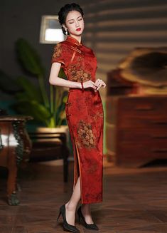 Qipao Dress Traditional, Chinese Traditional Dress Qipao, Red Cheongsam Dress, Red Chinese Dress, Red Silhouette, Red Qipao, Chinese Traditional Dress, Qipao Cheongsam, Traditional Chinese Dress