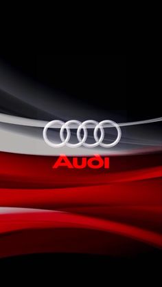 an audi logo is shown on the side of a red and white background with waves