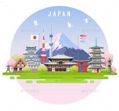 an illustration of japan with buildings and mountains in the background