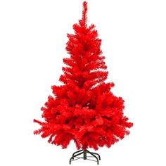 a red christmas tree on a black stand