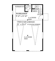 the floor plan for a two car garage with an upstairs bedroom and living room area