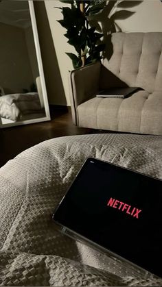 a laptop computer sitting on top of a bed next to a plant in a living room