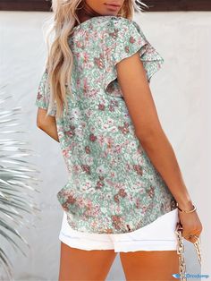 Orcajump - Flutter Sleeve Floral Print Blouse, Casual V Neck Blouse For Spring & Summer, Women's Clothing Casual Butterfly Sleeve Blouse For Vacation, Casual Butterfly Sleeve Tops For Vacation, Casual Tops With Butterfly Sleeves For Vacation, Casual Printed Blouse With Butterfly Sleeves, Casual Printed Tops With Butterfly Sleeves, Printed Flutter Sleeve Vacation Tops, Casual Printed Flutter Sleeve Blouse, Printed Flutter Sleeve Tops For Vacation, Green Ruffle Sleeve Top With Floral Print