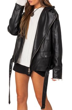 An oversized silhouette paired with a faux-leather fabrication updates this classic moto jacket for today's cool kids. Asymmetric zip closure Notched lapels Chest welt pocket; front snap-flap patch pockets Removable belt 100% polyurethane Hand wash, dry flat Imported Edgy Outerwear With Asymmetrical Zipper Closure, Trendy Leather Jacket With Asymmetrical Zip For Fall, Casual Winter Biker Jacket With Asymmetrical Zip, Trendy Biker Jacket With Asymmetrical Zip, Trendy Asymmetrical Leather Jacket For Fall, Edgy Leather Jacket With Asymmetrical Zip For Winter, Moto Style Outerwear With Asymmetrical Zip For Spring, Spring Leather Jacket With Asymmetrical Zip, Winter Biker Jacket With Asymmetrical Zip