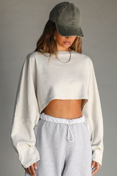 Slouchy Crop Long Sleeve - Fog Cotton Drop Shoulder Cotton Cropped Sweater For Fall, Cotton Drop Shoulder Cropped Sweater For Fall, Cotton Cropped Sweater With Drop Shoulder For Fall, Fall Cotton Cropped Sweater With Drop Shoulder, Relaxed Long Sleeve Top For Streetwear, Cotton Cropped Sweater With Ribbed Cuffs For Layering, Relaxed Fit Cotton Cropped Sweater For Everyday, Oversized Cotton Long Sleeve Top For Everyday, Cotton Long Sleeve Cropped Sweater For Streetwear