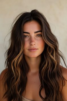 92+ Gorgeous Dark Brown Hair with Highlights Ideas! Light Brown With Dark Highlights, Long Brown Curly Hair With Highlights, Highlights Dark Brown Hair Straight, Reddish Brown Hair With Highlights, Straight Brown Hair, Surf Hair, Natural Looking Highlights