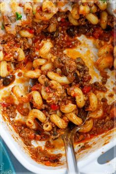 pasta with meat and sauce in a casserole dish