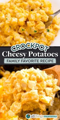 a close up of a plate of food with eggs and cheese on it, the title reads crockpot cheesy potatoes family favorite recipe