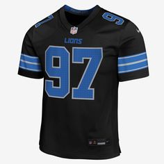 Rep one of your team's top stars with this Detroit Lions Jersey. Proper ventilation and a loose fit help provide a dry, comfortable wear with the authentic look of the on-field uniform. Black Sports Season Jersey For Fan Gear, Black Jersey For Sports Season Fan Gear, Casual Black Football Season Jersey, Casual Black Jersey For Football Season, Nike Black Top For Game Day, Nike Black Tops For Game Day, Collegiate Black Breathable Tops, Collegiate Style Breathable Black Tops, Black Nike Top With Team Logo