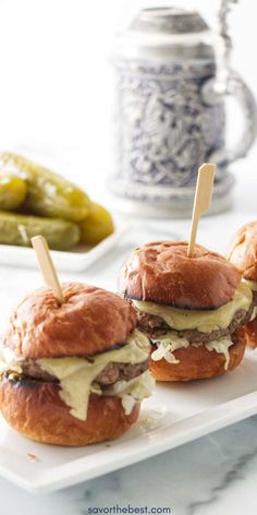 Our German sliders are a delicious fusion of German and American flavors. These small delights are made from savory ground bratwurst meat and then topped with zesty sauerkraut, German-style mustard, and Havarti cheese. Serve these kraut burger sliders for your next Octoberfest party.