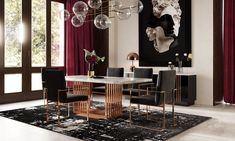 an elegant dining room with black and white decor