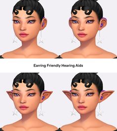 three different angles of a woman's face with black hair and piercings on her ears