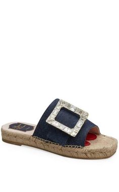 A signature crystal embellished buckle tops these dark denim espadrille slides.Textile upperOpen toeSlip on styleLeather liningRubber soleMade in Italy Roger Vivier Sandals, Chevron Jewelry, Denim Espadrilles, Roger Vivier Shoes, Espadrilles Slides, Latest Handbags, Buckle Top, Shoes Flats Sandals, Embellished Denim