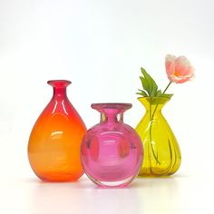 three different colored vases sitting next to each other on a white surface with a single flower in the middle