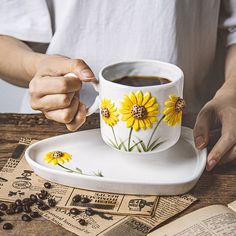 Coffee cup capacity: 14.5oz Coffee cup size: height 3.6in, diameter 3.5in Dish: length 8.4in, width 5.8in Sunflower Tea, Coffee Cup Sizes, Sunflower Mug, Afternoon Tea Set, Ceramic Cup, Tea Sets, Tea Cup Set, Cup Size, Hand Painted Ceramics